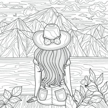 The Girl In The Hat Sits Backwards And Looks At The Mountains. Landscape.Coloring Book Antistress For Children And Adults. Illustration Isolated On White Background.Zen-tangle Style. Hand Draw