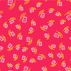 Line Feather and inkwell icon isolated seamless pattern on red background. Vector