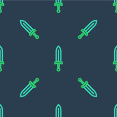 Line Medieval sword icon isolated seamless pattern on blue background. Medieval weapon. Vector