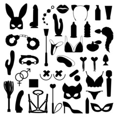 Set of adult sex toy icons, flat black silhouette. Vector sex shop icons, bdsm, erotic games, dildos and vibrators.