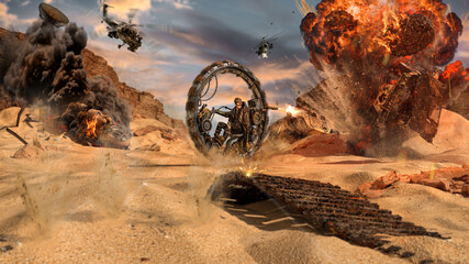 a mad man drives away from a monocycle chase by shooting a shotgun at a car in a post-apocalyptic world where sand and rocks © Dorian8