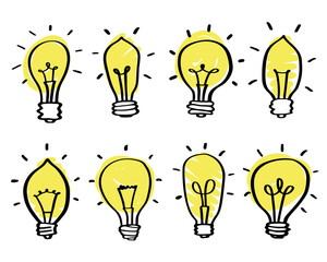 light bulbs ON - hand drawn set. Symbol of ideas. Lamp sketch. Doodle vector illustration.