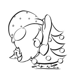 Cute gnome in woolen hat stuck on Christmas tree. Christmas and New Year line art illustration for banner and design. Collection of gnomes in cartoon style. Colouring book.