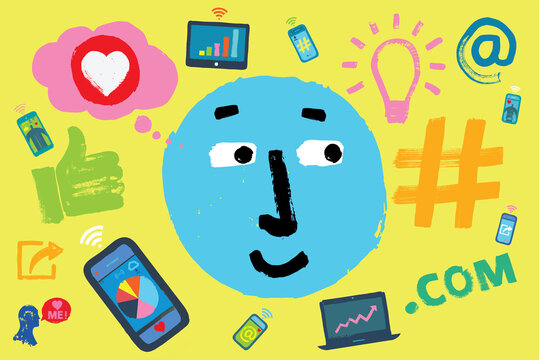 Cartoon Face surrounded by Social Media Symbols 