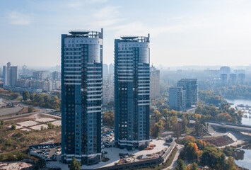 Obraz premium Air view of the houses on the banks of the Dnieper River. Residential complex