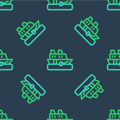 Line Cruise ship icon isolated seamless pattern on blue background. Travel tourism nautical transport. Voyage passenger ship, cruise liner. Worldwide cruise. Vector