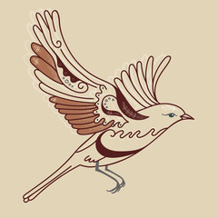 Flying bird with ornament and runes, magic bird in retro colors, tattoo