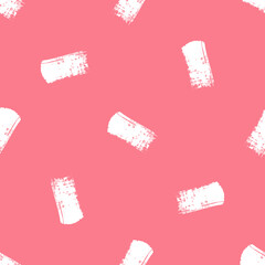 Seamless pattern with white brush strokes on coral red background. Rough shapes vector backdrop. Doodle style abstract grunge texture.