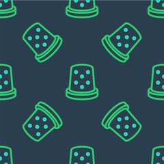 Line Thimble for sewing icon isolated seamless pattern on blue background. Vector