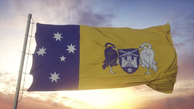 Australian Capital Territory flag, Australia, waving in the wind, sky and sun background