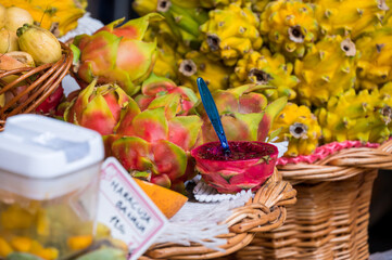 Fresh exotic fruits in Mercado Dos Lavradores. Funchal, Madeira, Portugal