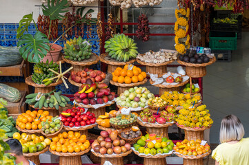 Fresh exotic fruits in Mercado Dos Lavradores. Funchal, Madeira, Portugal