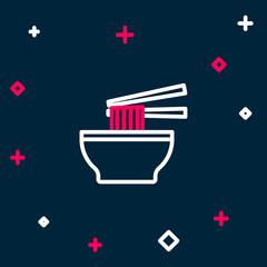 Line Asian noodles in bowl and chopsticks icon isolated on blue background. Street fast food. Korean, Japanese, Chinese food. Colorful outline concept. Vector