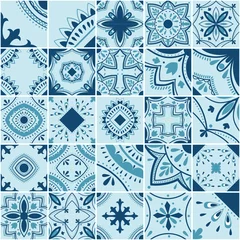 Gordijnen Lissabon geometrische tegel vector patroon, Portugese of Spaanse retro oude tegels mozaïek, mediterrane naadloze blauwe ontwerp. © Елена Сунагатова