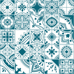 Lisbon geometric tile vector pattern, Portuguese or Spanish retro old tiles mosaic, Mediterranean seamless blue design.
