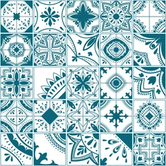 Stof per meter Lisbon geometric tile vector pattern, Portuguese or Spanish retro old tiles mosaic, Mediterranean seamless blue design. © Елена Сунагатова