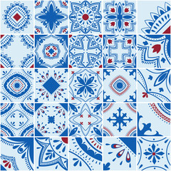Lisbon geometric tile vector pattern, Portuguese or Spanish retro old tiles mosaic, Mediterranean seamless blue and red design.