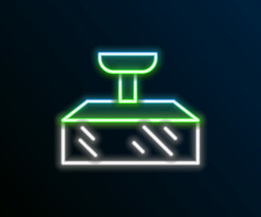 Glowing neon line Studio light bulb in softbox icon isolated on black background. Shadow reflection design. Colorful outline concept. Vector