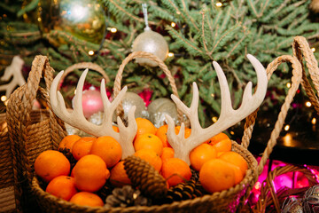 Fototapeta na wymiar moose antlers tangerines basket christmas decor christmas