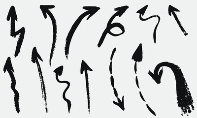 Grunge vector arrows. Dry brush strokes, hand drawn