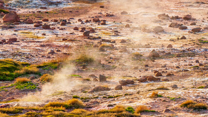 Steaming, sulfuric, active fumaroles near Pauzhetskaya Geothermal Power Plant, Kamchatka Peninsula,...