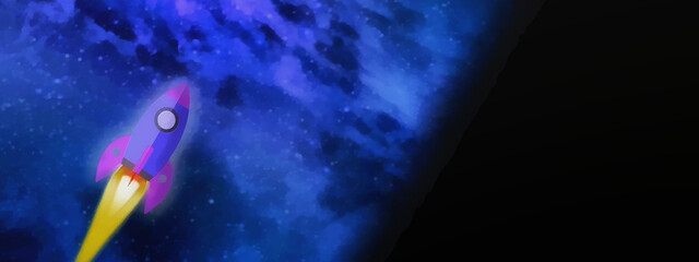Rocket on the background of space. Wide panoramic view. Artistic work