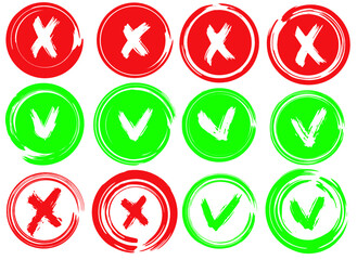 Tick and cross vector signs. Dry brush strokes