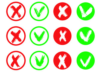 Tick and cross vector signs. Dry brush strokes