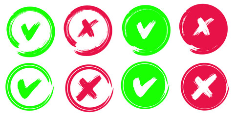 Tick and cross vector signs. Dry brush strokes