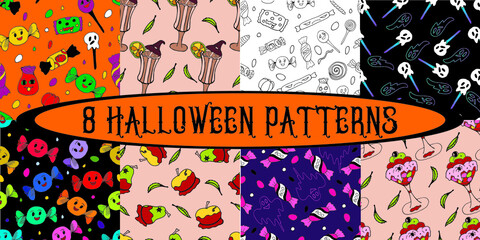 A set of eight hand-drawn seamless patterns with halloween sweets. Vector illustrations for wrapping paper, textiles, notebook and  covers, bags, scrapbooking and wallpaper. Doodle style. 
