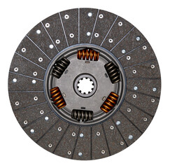 New car clutch disc, isolate on white background. Rough surface for better friction. Springs and rivets. Part of the car transmission