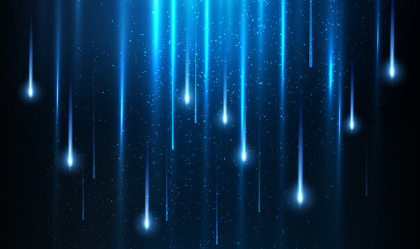 Meteor rain with falling glowing comets. Abstract light digital background. Neon Light Particles, luminous rays in motion, technology, network. falling glowing neon lights. Falling stars. Vector EPS10