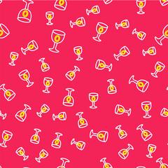 Line Medieval goblet icon isolated seamless pattern on red background. Holy grail. Vector