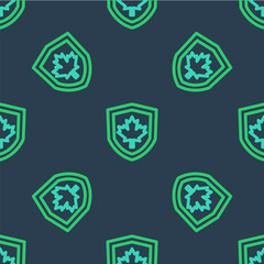 Line Canada flag on shield icon isolated seamless pattern on blue background. Vector