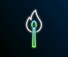 Glowing neon line Burning match with fire icon isolated on black background. Match with fire. Matches sign. Colorful outline concept. Vector