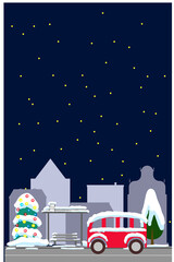 town postcards Winter night street with house, snow tree, bush cloud, lantern flat cartoon card.