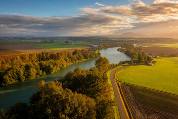 Autumn Morning on the Skagit River in the Skagit Valley.  Aerial drone view of this beautiful river...