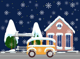 bus stop covered with snow. town cozy landscape flat in snowdrift © Maria