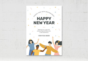 Happy New Year Flyer Poster Card with Dancing Characters