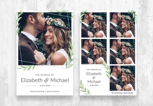 Modern Wedding Photo Booth Layout with Green Watercolor Leaves