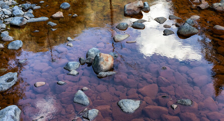 Water running down the river around rocks. Located near Seymour Lake, North Vancouver, British Columbia, Canada.