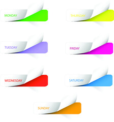 Weekday labels. Set of stickers for week planner. Title of the Days of the Week in classic style.  Vector illustration. Office forms and blank stickers. Day of the week on the forms. A place for text.
