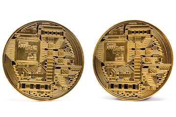 Bitcoin isolated on white background. Bitcoin golden coin isolated. Selective focus on bitcoin.  ...