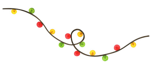 Christmas garland of colorful lanterns. the lights are red, green and yellow. Watercolor illustration. Holiday clipart isolated on a white background. Home decor for a New Year's party