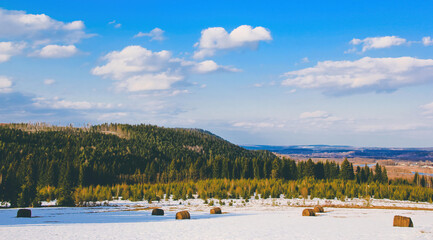 landscape with blue sky, clouds, hills, coniferous forest  and haystacks in the field on a sunny April day at Ust-Kishert village, Kishertsky district, Perm regoin, Russia