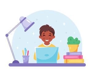 Black boy studying with computer. Online learning, back to school concept. Vector illustration