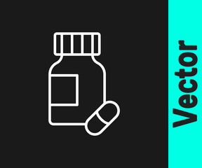 White line Sedative pills icon isolated on black background. Vector