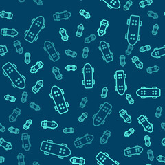Green line Skateboard icon isolated seamless pattern on blue background. Extreme sport. Sport equipment. Vector