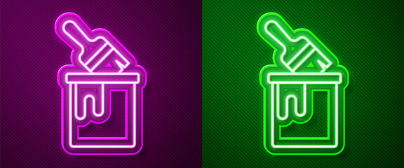 Glowing neon line Paint bucket with brush icon isolated on purple and green background. Vector