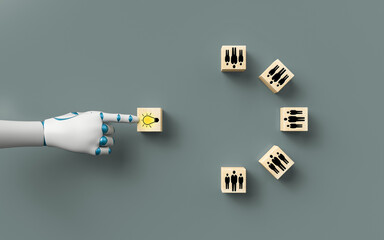 robot hand adding a cube with a lightbulb symbol to other cubes with business symbols on grey...